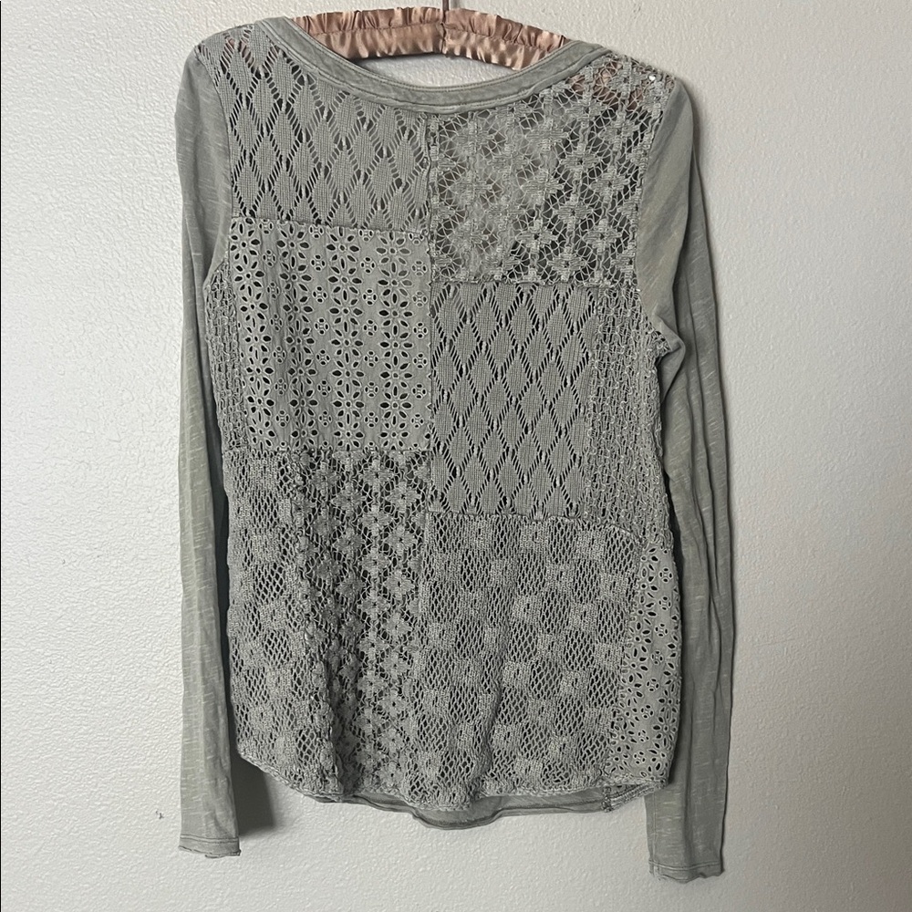 Free People Patchwork Lace Henley Olive Khaki Small cotton top - Picture 6 of 8